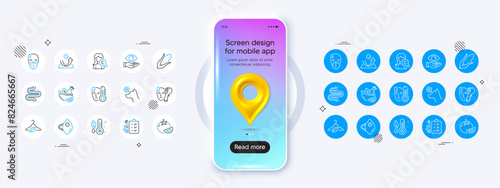 Phone mockup with 3d map pin icon. Intestine, Medical mask and Health eye line icons. Pack of Sun protection, Tomato, Sick man icon. Thermometer, Diet menu, Veterinary clinic pictogram. Vector