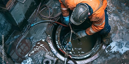 A drainage service inspects a clogged drain using a camera prior to clearing it. photo