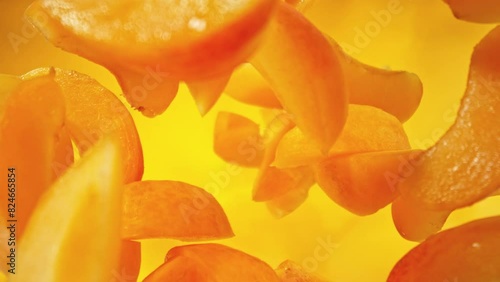 Wallpaper Mural Super Slow Motion of Falling Apricots Slices into Water. Filmed on High Speed Cinema Camera, 1000fps, Placed on High Speed Cine Bot. Camera in Motion, Following Objects. Torontodigital.ca