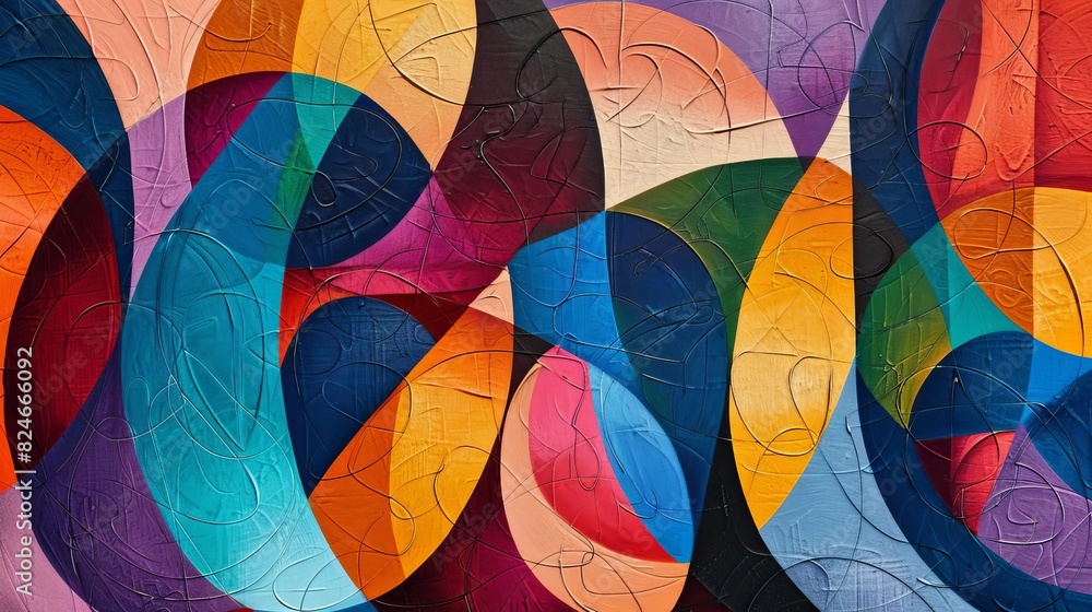 Fototapeta premium Colorful geometric shapes intertwined in a harmonious abstract pattern, vivid and eyecatching, highly detailed