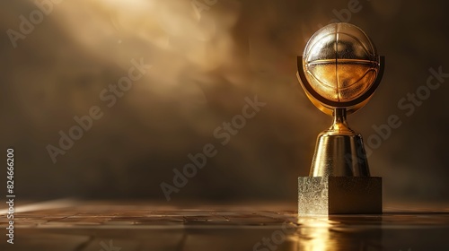 Basketball trophy with a gold ball atop a polished base, resting beside the court under a glowing spotlight photo