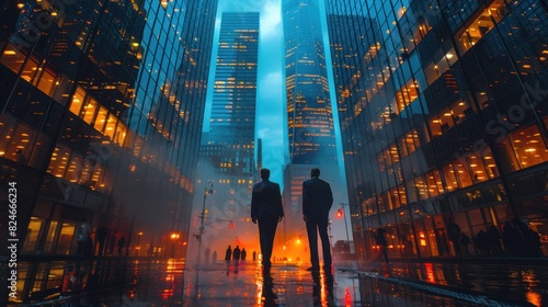A visually striking movie poster with business leaders standing on a bridge connecting two skyscrapers, emphasizing connection and collaboration photo