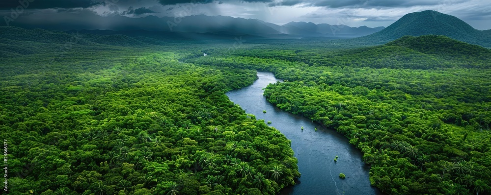 Aerial view of a serene river winding through lush green rainforest, with towering mountains in the background under a cloudy sky. Aerial view of a serene river winding through lush green rainforest, with towering mountains in the background under a cloudy sky.