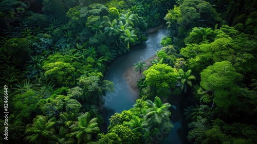 Aerial view of lush green tropical rainforest with a winding river, showcasing the vibrant and dense jungle vegetation, serene and untouched nature.