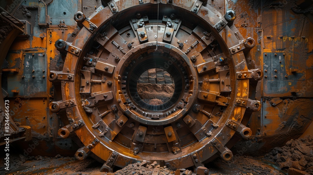 Massive Tunnel Boring Machine Head. Close-up of a massive tunnel boring machine head, showcasing its intricate design and heavy-duty construction in a mining environment.