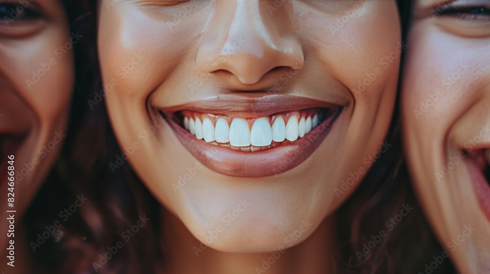 Fototapeta premium Perfect healthy teeth smile of a young woman. Teeth whitening. Dental clinic patient. Stomatology concept.