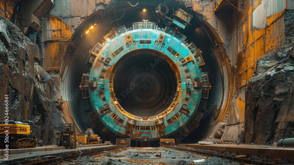 Massive Tunnel Boring Machine in Mine. Massive tunnel boring machine operating in a mine, showcasing its scale and engineering prowess in an industrial setting.