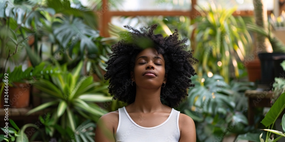 Harmonize your breath and relax with a youthful woman surrounded by foliage in a tranquil indoor garden. Harmonize your breath and relax with a youthful woman surrounded by foliage in a tranquil indoor garden.