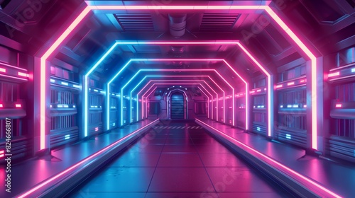 Futuristic Sci-Fi Interior with Blue and Pink and Purple Neon Lights, Spaceship Corridor Design, Product Background © Lucy