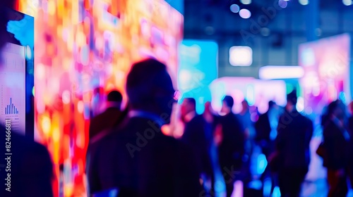 Blurred business professionals networking at a conference, with glowing booth displays and tech screens in the background