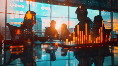 Blurred silhouettes of business professionals in a meeting room, with a large window showing a city skyline