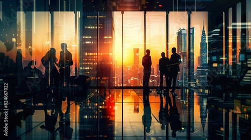 Blurred silhouettes of business professionals in a meeting room, with a large window showing a city skyline