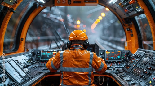 Engineer at high-tech train control station. Engineer in orange safety gear operates control panels inside a high-tech train control station, ensuring smooth operation and safety. photo