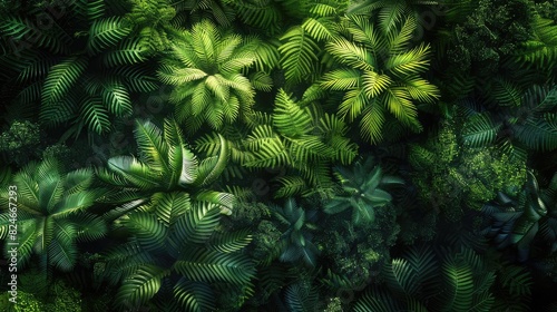 Lush green foliage with a variety of tropical leaves creating a vibrant and fresh natural background  ideal for nature-themed projects.