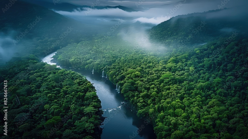Aerial view of a winding river flowing through lush, dense forest with misty mountains in the background under a tranquil sky. Aerial view of a winding river flowing through lush, dense forest with misty mountains in the background under a tranquil sky.