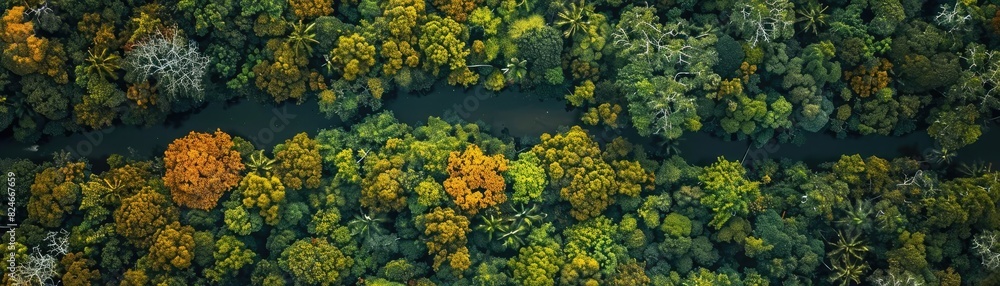 Aerial view of a lush, green forest with vibrant autumn foliage and a winding river cutting through the dense canopy. Seasonal nature scene.