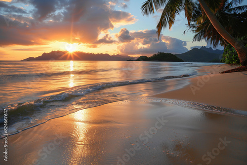 Sunset time on a beach in Mahe island, Seychelles
