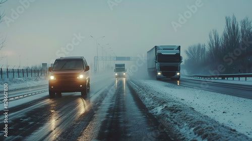 Car dangerously swerving out of control on an icy road, heading straight towards an oncoming truck photo