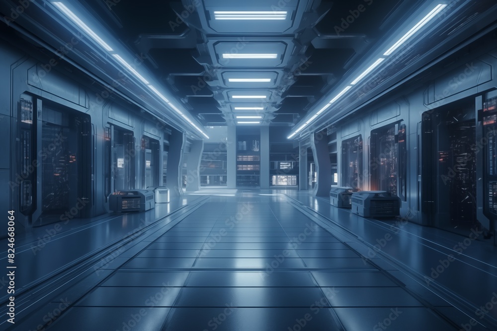 A futuristic space station with a large, empty hallway. The walls are made of metal. A futuristic space station with a large, empty hallway. The walls are made of metal.