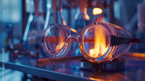 A scientists protective goggles reflecting the glow of a Bunsen burner photo