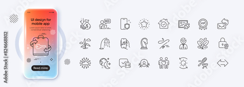 Star, Music app and Fishing rod line icons for web app. Phone mockup gradient screen. Pack of Fish grill, Spinach, Vacancy pictogram icons. Puzzle, Fingerprint lock, Sync signs. Vector