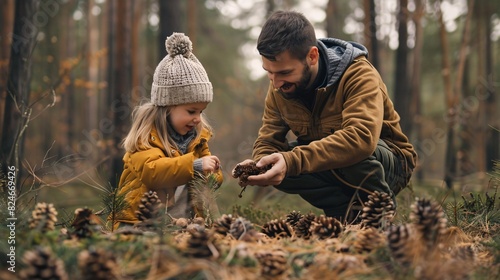 A man and his child gathering pine cones in the woods. © ckybe