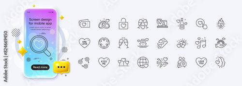 Heart flame, Lgbt and Love letter line icons for web app. Phone mockup gradient screen. Pack of Honeymoon cruise, Love gift, Like button pictogram icons. Heart, Inclusion, Marriage rings signs. Vector