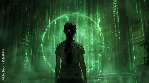 Silhouette of a woman standing before a glowing green portal in a digital world.