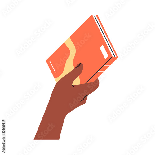 Holding closed book, sharing knowledge. Education, reading concept. Hand taking, giving textbook, studying literature. Student with notebook. Flat vector illustration isolated on white background