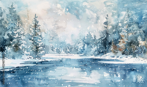 Minimalistic winter panoramic landscape with copy space, vector watercolor style. Vector illustration