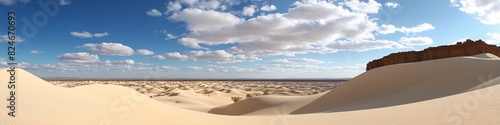 Pristine  untouched sand dunes stretch across a desert landscape  portraying the natural cleanliness of untouched terrain. Desert landscape view  desert oasis  vacation travel destinations  summer  su