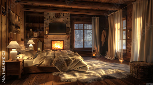 A room that feels like a cozy cabin  a bedroom with a wooden cabin interior  a crackling fireplace casting warm light  and a plush fur rug on the wooden floor. 