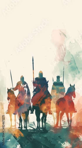 Colorful watercolor art depicting four medieval knights on horseback, showcasing a vibrant blend of history and artistic expression.