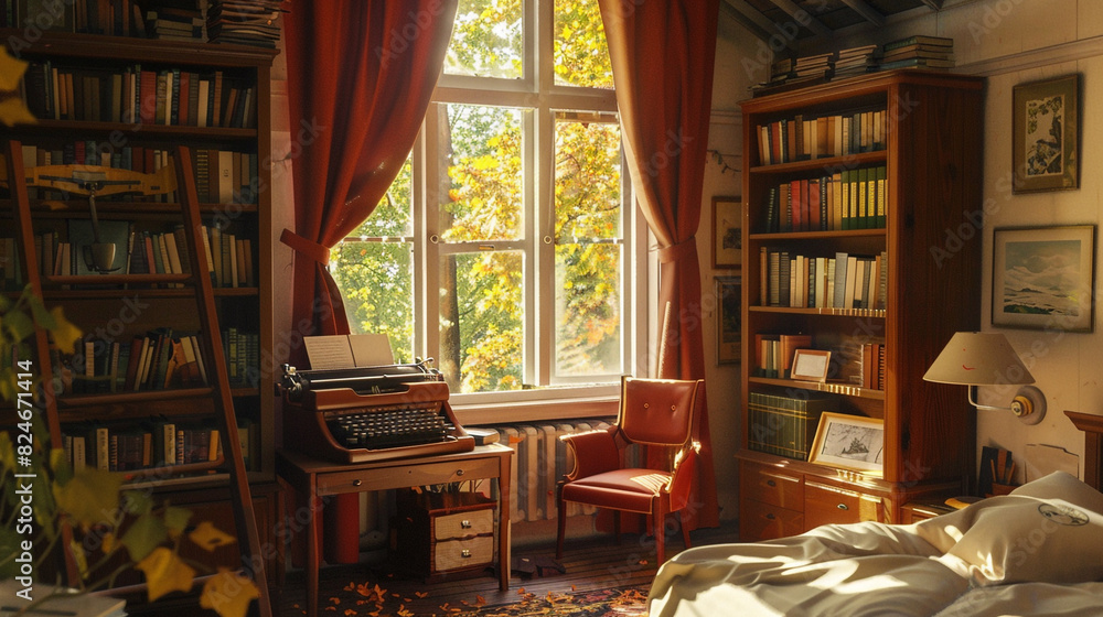 A room that feels like a writer's retreat: a bedroom with a quiet corner nook with a comfortable desk and ergonomic chair, a vintage typewriter 