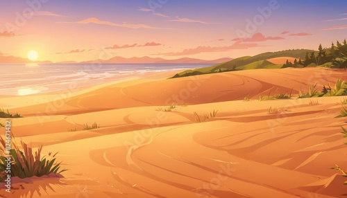 Golden Hour Over Sandy Beach with Dune Grass Vector Art Background