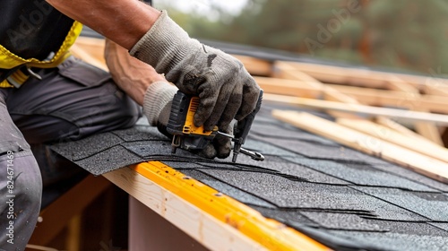 A roofing professional utilizes an air-powered nailer to install fresh asphalt shingles. © ckybe