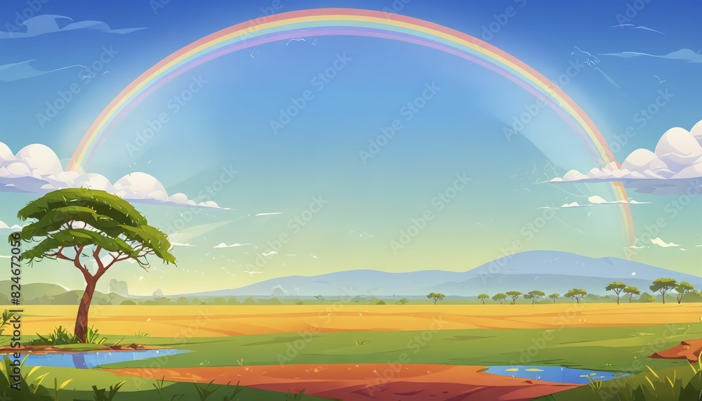 Rainbow Over Savanna After Rain Vector Art Background Rainbow Over Savanna After Rain Vector Art Background