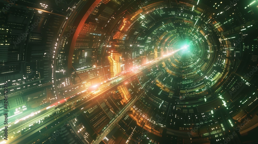 Futuristic tunnel with vibrant lights and glowing center, depicting a sci-fi cyberpunk world with neon details and digital elements. Futuristic tunnel with vibrant lights and glowing center, depicting a sci-fi cyberpunk world with neon details and digital elements.