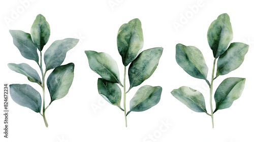 Set of watercolor green leaves elements. Collection botanical vector isolated on white background photo