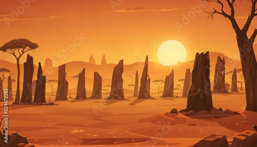 Termite Mounds in Savannah at Golden Hour Vector Art Background photo