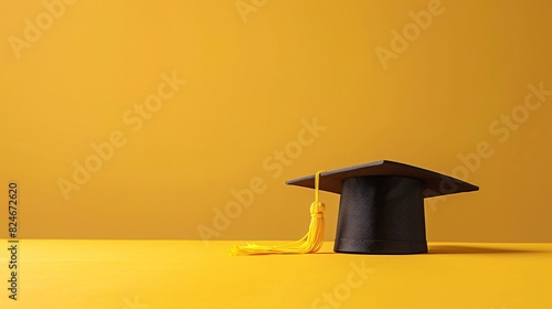 Minimalist graduation cap against a solid yellow background, featuring a large area for personalized text