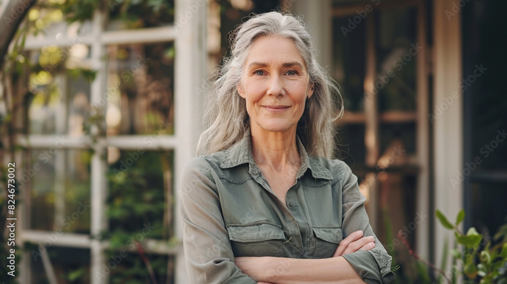 Fototapeta premium Happy middle-aged lady posing outside her residence.