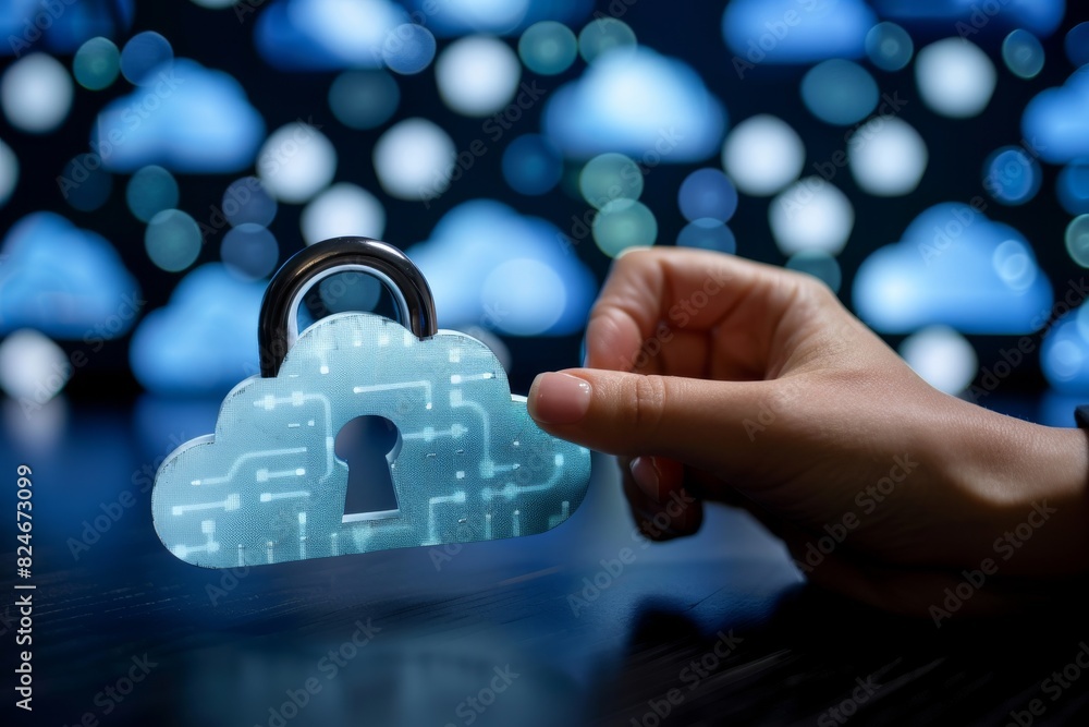 Pointing at Blue Cloud Security Lock on Digital Interface Pointing at Blue Cloud Security Lock on Digital Interface