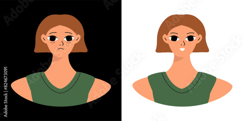 Concept of emotions before and after. Cartoon cute girlish face. Woman with a sad and joyful face. Isolated vector.