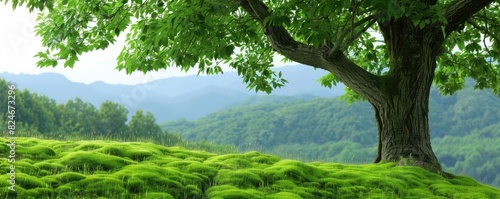 Serene landscape featuring a lush green field  majestic tree with sprawling branches  and rolling hills in the background under a clear sky.