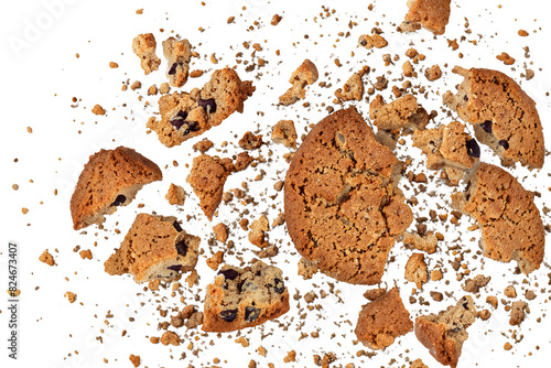 Cookie crumbs falling from above with isolated white background. Crumbs integral wholewheat biscuit with oatmeal, cookie flying, isolated on white, top view, clipping path. PNG format.