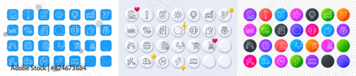 Power, Fire energy and Champagne glass line icons. Square, Gradient, Pin 3d buttons. AI, QA and map pin icons. Pack of Money, Chemical hazard, Global business icon. Vector
