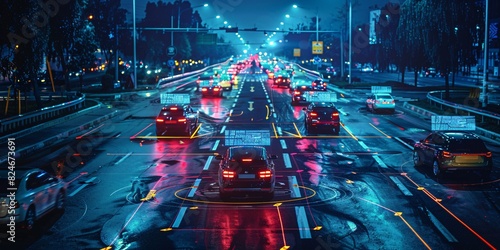 Autonomous vehicles navigate a suburban traffic junction at dusk, while neon heads-up display components depict the communication between self-driving cars linked to a shared system. photo