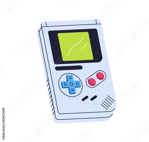 Game controller, 90s mobile gamepad. Retro nostalgic 1990s gaming console with screen. Portable gaming device with buttons and display of 90s. Flat vector illustration isolated on white background