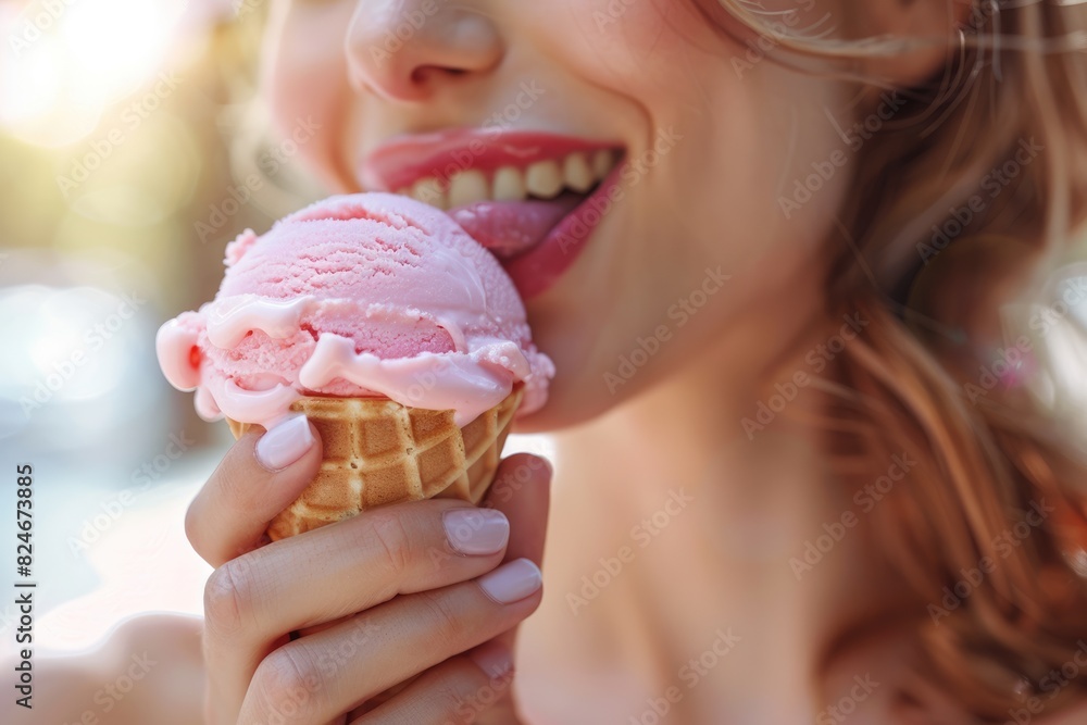 A close-up of the mouth of a young woman eating ice cream